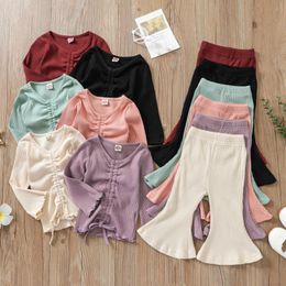 Baby Girl Clothes Sets Pit Strip Fared Sleeve Top Trousers Solid Colors Soft Cotton Suit 6 Designs Optional Kids Clothing BT6737