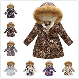 Leopard Young Girls Down Jacket Fleece Winter Children Outwear Clothes Girl Hooded Long Coat Outfit Flower Kids Overcoat Cloak 210413