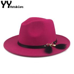 Wide Brim Fedora Cap With Fur Belt Trilby Hats Women Elegant Hat Winter Autumn Vintage Felt Caps Jazz Panama SH20049