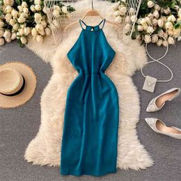 Spring Vacation Travel Shoot Vestidos Female Suspender Hanging Neck Sexy Strapless Slim Midi Dress C514 210506