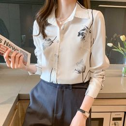 Korean Women Silk Shirts Satin Blouses for Long Sleeve Woman Floral Blouse Tops Plus Size Print XXL 210604