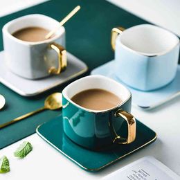 Classic Ceramic Coffee Cups Mugs Porcelain Square Tea Drinkware Spoon Saucer Set Golden Edges and Handles Creative Design
