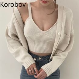 Korobov Autumn New Chic Solid V Neck Tank Top and Korean Single Breasted Elegant Cardigans 2 Pieces Sets Female Suits 210430