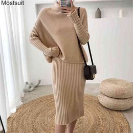 Knitted Two Piece Sets Outfits Women Sleeveless Tops + Long Sleeve Dress Suits Autumn Winter Korean Female Ladies Fashion 210513