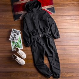 Summer Men Jumpsuit Hooded Long Sleeve Multi-Pocket Beam Feet Overalls Streetwear Clothing Cargo Pants Hip Hop Black Trousers