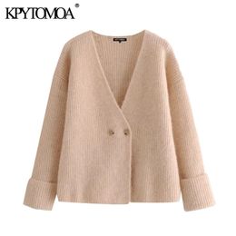 Women Fashion Crossover Button Wool Knitted Cardigan Sweater V Neck Long Sleeve Female Outerwear Chic Tops 210420