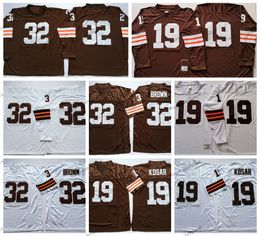 Vintage Mens 32 Jim Brown 19 Bernie Kosar Football Jerseys 1964 Long Sleeve Stitched Shirts Embroidery White Jersey M-XXXL