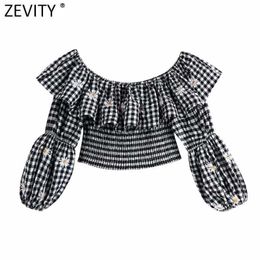Zevity Women Slash Neck Embroidery Plaid Print Short Smock Blouse Female Ruffles Shirts Chic Hem Elastic Slim Blusas Tops LS9219 210603