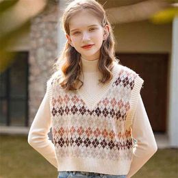 spring and autumn Korean short version loose v-neck knitted sweater sleeveless vest women 210427