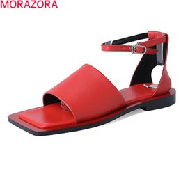 MORAZORA Summer Women Sandals Flat Heel Square Toe Ankle Strap Buckle Casual Shoes Genuine Leather Comfortable Sandals 210506
