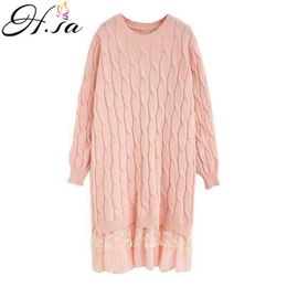 H.SA Women Long Sweater Dress O neck Lace Patchwork Pull Jumpers Korean Style Oversized Knit Sweater Dress Twisted Jumper 210716