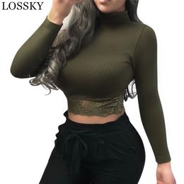 Autumn Winter Solid Crop Top Sexy Lace Patchwork Turtleneck Long Sleeve Bodycon Club Party Women's T-shirt White Black Tee 210507