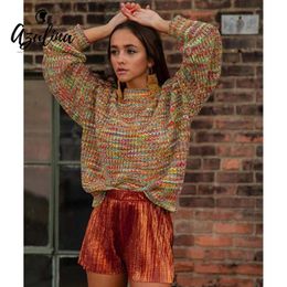 Women's Sweaters AZULINA Lantern Sleeve Multicoloured Chunky Sweater Women Tops Casual Crew Collar Long Pullovers 2021 Jumpers