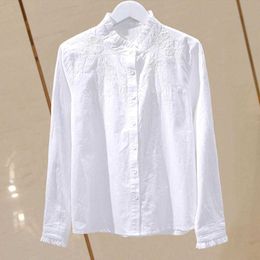 Summer Blouse Women Shirt Tops Cotton Korean Style Floral Embroidered Pleated Ruffle Stand Collar Casual Plus Size Clothes 210721