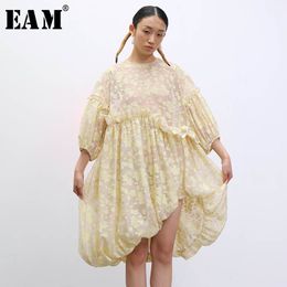 [EAM] Women Yellow Pattern Printed Irregular Ruffles Big Size Dress Round Neck Loose Fit Fashion Spring Summer 1T9130 21512