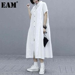 [EAM] Women Black White Pleated Big Size Dress Lapel Short Sleeve Loose Fit Fashion Spring Summer 1DD6702 210512