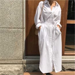 Office Lady Solid Loose Casual Cotton Inch Shirt Long Full White Blouse Women 210615