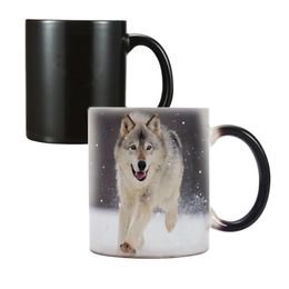 Mugs Winter Snow Wolf Animal Heat Sensitive Coffee Mug Cup 350ml Magic Ceramic Color Changing Tea Cups