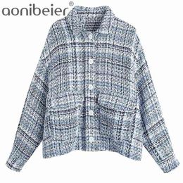 Textured Checked Jacket Spring Autumn Single Breasted Drop Shoulder Long Sleeve Women Casual Plaid Coats Female Tops 210604