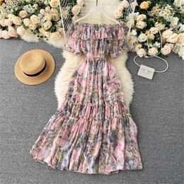 Bohemian Floral Chiffon Midi Dress Women Sexy Slash Neck Ruffle Short Sleeve A-line Vacation Beach Dresses Boho Chic Robe 210311