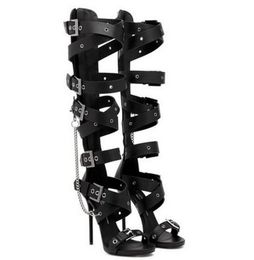 Dress Shoes Womens Metal Chain Belt Buckle Gladiator Knee High Top Sandals Hollow Out Roman Boots Stilettos Heel