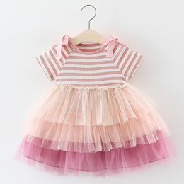 Korean Style Toddler Princess Kids Baby Girl Summer Dress Solid Color Striped Stitching Cotton Party Casual Clothes 210508
