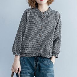 Women Cotton Linen Casual Shirts New Arrival Autumn Vintage Plaid Stand Collar Loose Female Long Sleeve Tops S2093 210412