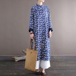 Johnature Women Corduroy Vintage Dresses Stand Long Sleeve Fleece Robes Autumn Print Floral Button Chinese Style Dress 210521