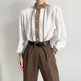 Vintage White Women's Shirt Stand Collar Stitching Colour Female Elegant Shirts Women Blouse Summer Long Sleeve Button Top Shirt 210419