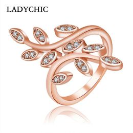 Wedding Rings LADYCHIC High Quality Rose & White Gold Color Crystal Trendy Elegant Leaf Flower Design Women Jewelry Gifts LR1081