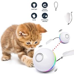 Automatic Smart Cat Toys Ball Interactive Catnip USB Rechargeable Self Rotating Colourful Led Feather Bells Toys for Cats Kitten 211122