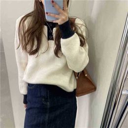 Fashion Sweaters Patchwork Streetwear High Quality Retro Elegance Chic Solid Loose Pullovers Women Warm Tops Clothe 210525