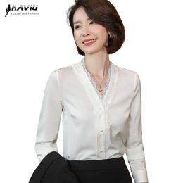 Professional Black White V Neck Long Sleeve Shirt Women Spring Lace Edge Casual Blouses Office Ladies Bottomig Work Tops 210604