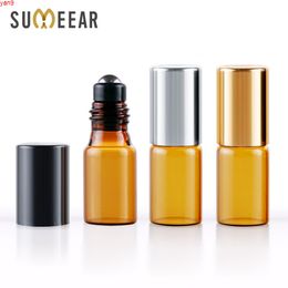 100pcs/lot 3ml Amber Essential Oil Bottle Perfume Glass Roll on with Metal Ball Roller Brown Vialshigh qty