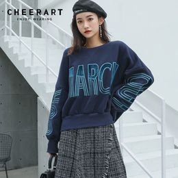 Winter Pullover Sweatshirts Womens Fleece Letter Embroidery Oversized Hoodie Casual Blue Fall Tops 210427