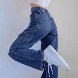 Streetwear Patchwork Blue Woman Jeans Autumn High Waist Long Straight Cargo Trouser Denim Y2K Pants Women Harajuku Capris 210510
