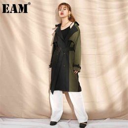 [EAM] Women Black Contrast Colour Trench Lapel Long Sleeve Loose Fit Windbreaker Fashion Autumn Winter 19B-a373-06 210914