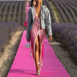 Sommer Damen Hochwertiges Sexy V-Ausschnitt Knopf Rosa Gestreiftes Split Pullover Kleid Elegantes Club Bankett 210525
