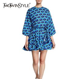 Casual Print Dress For Women O Neck Lantern Sleeve Lace Up Pleated Dresses Female Spring Fashion Clothes 210520