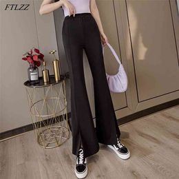 Spring Summer Arrival Women Casual Loose Chiffon Long Pants Ladies Solid Black White High Waist Split Flare 210430