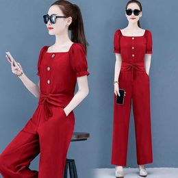 Summer Chiffon Suits 2 Piece Sets Blouse Tops +Wide Leg Pants Suit Elegant Office Ladies Outfits Pantsuit Clothes 210531