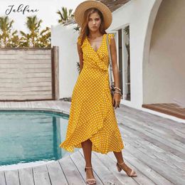 Polka-dot Ruffle Slit Women Midi Dress Casual Long Summer Tank Sundress Bow Lace-up Fashion Black Yellow Clothing Vacation 210415