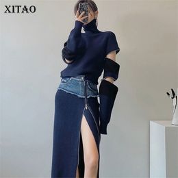 XITAO Patchwork Zipper Hole Women Set Winter Casual Fashion Style Temperament Turtleneck Collar Clothes ZY1813 220302