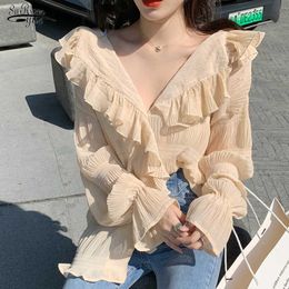 Pleated Woman Shirt V Neck Casual Women Blouse Autumn Long Sleeve Loose Chiffon Blouse Chic Korean Tops Solid Blusas 10572 210527