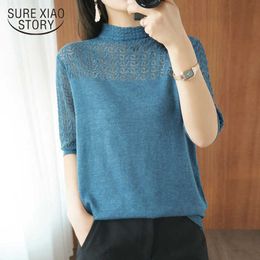 Spring Knitted Blouse Female Half Turtleneck Tops Women Solid Cotton Base White Shirts Feminine Blouse Women 13535 210527