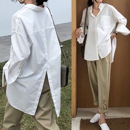summer ladies shirt fashion white shirt lapel casual solid Colour long sleeve asymmetric button ladies shirt 210419