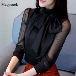 Summer Fashion Long Sleeve Tie Bow Chiffon Turtleneck Formal Women White Black Shirts Tunic Blouse 0599 30 210518