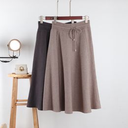 High waist Knitted Black skirt womens autumn winter wool long loose Elastic all-match casual pleated lace up 210420