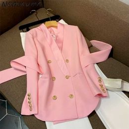 Nomikuma Elegant Double Breasted Women Blazer Coat Korean Belt Slim Waist Suit Jacket Autumn V-neck Blazers Femme 6X226 211122