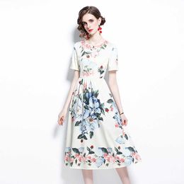 Elegant Floral Print Party Dress Women Summer O Neck Long Vintage Short Sleeve A-Line Ladies 210529